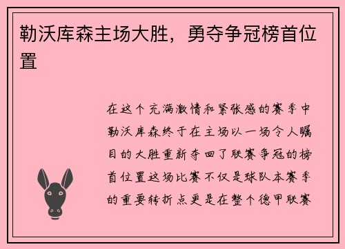 勒沃库森主场大胜，勇夺争冠榜首位置