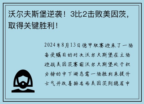 沃尔夫斯堡逆袭！3比2击败美因茨，取得关键胜利！
